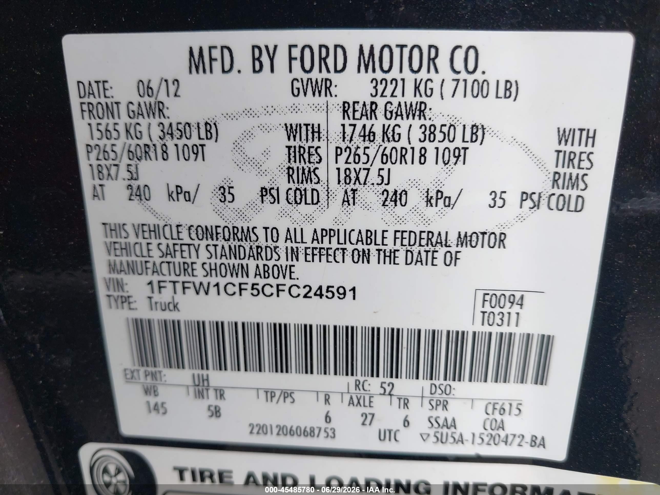 2012 Ford F-150 Fx2/king Ranch/lariat/platinum/xl/xlt Black vin: 1FTFW1CF5CFC24591