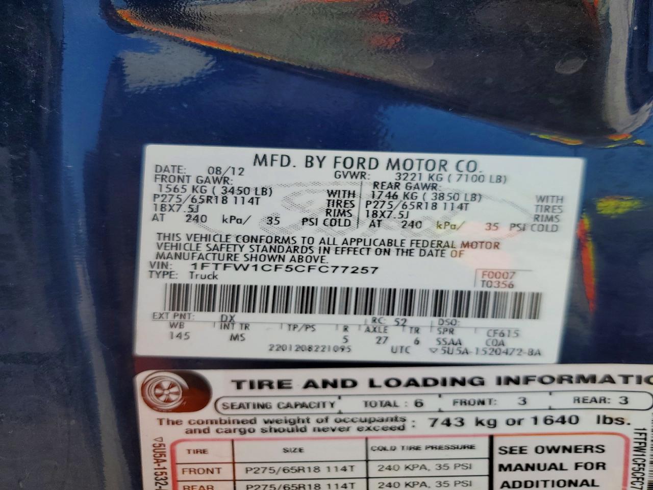 2012 Ford F150 Supercrew Blue vin: 1FTFW1CF5CFC77257