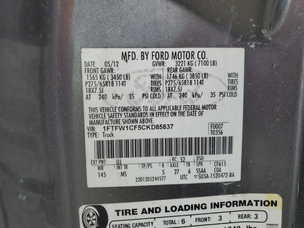2012 Ford F150 Supercrew Gray vin: 1FTFW1CF5CKD85837