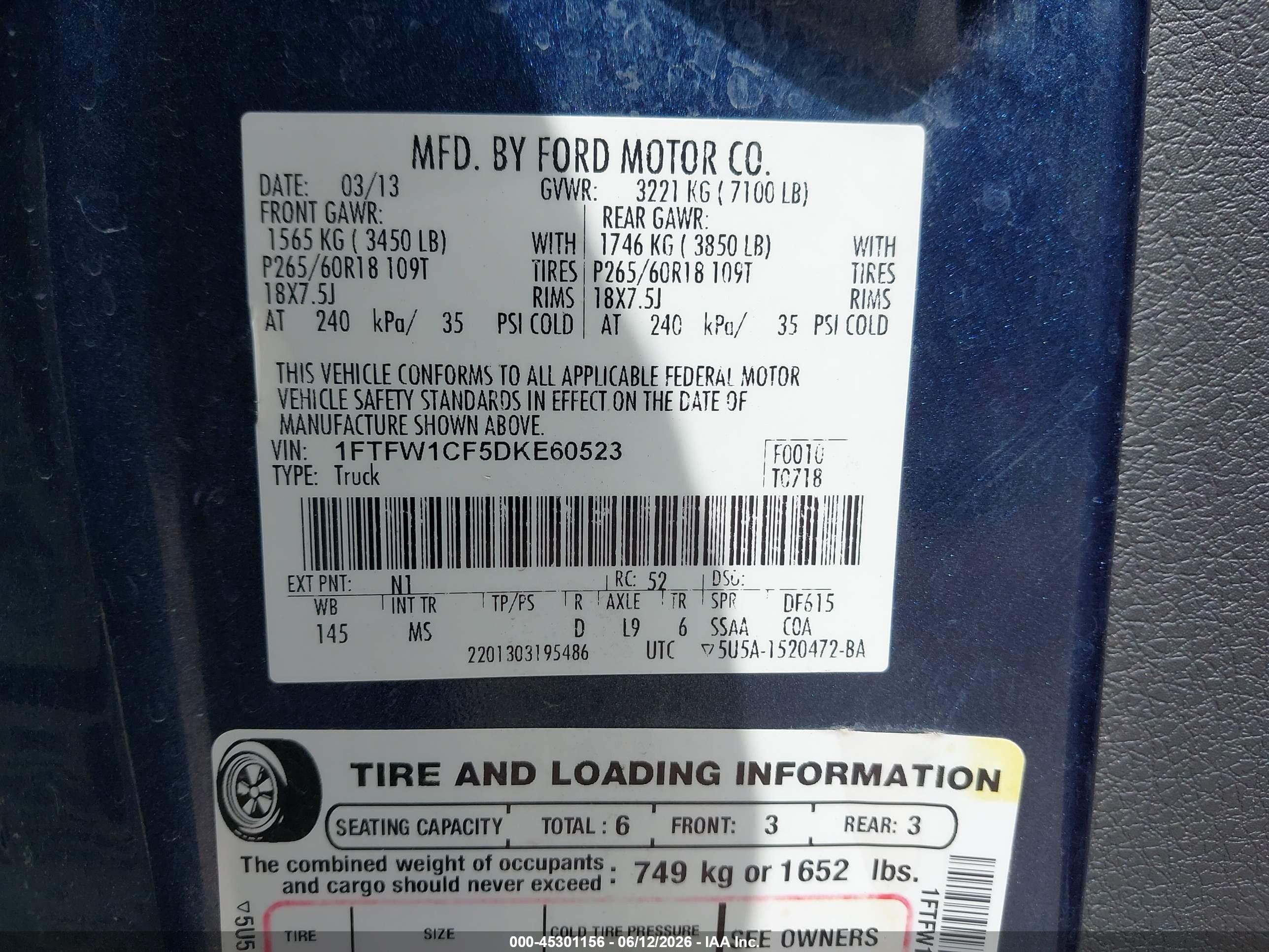 2013 Ford F-150 Xlt Blue vin: 1FTFW1CF5DKE60523