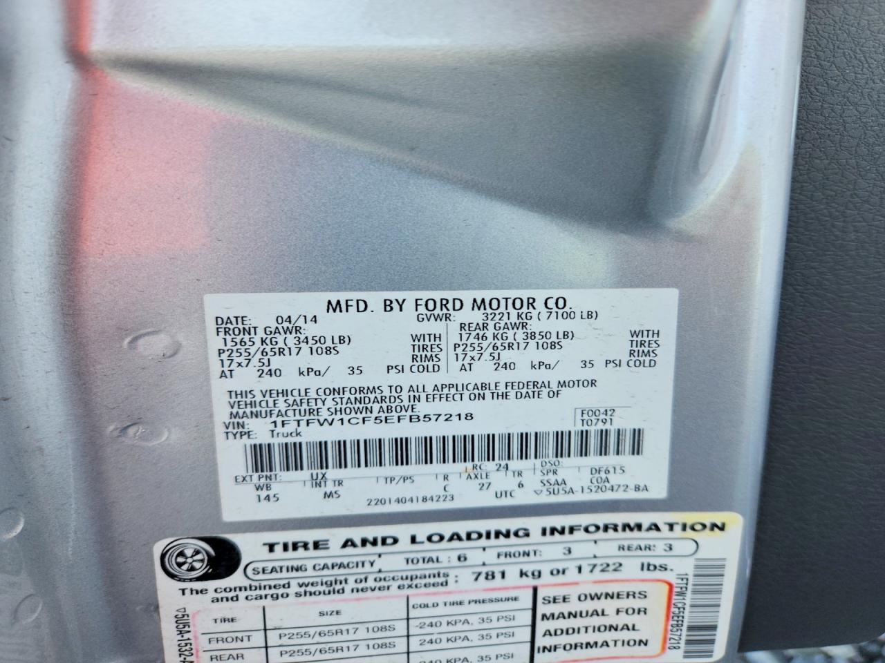 2014 Ford F150 Silver vin: 1FTFW1CF5EFB57218