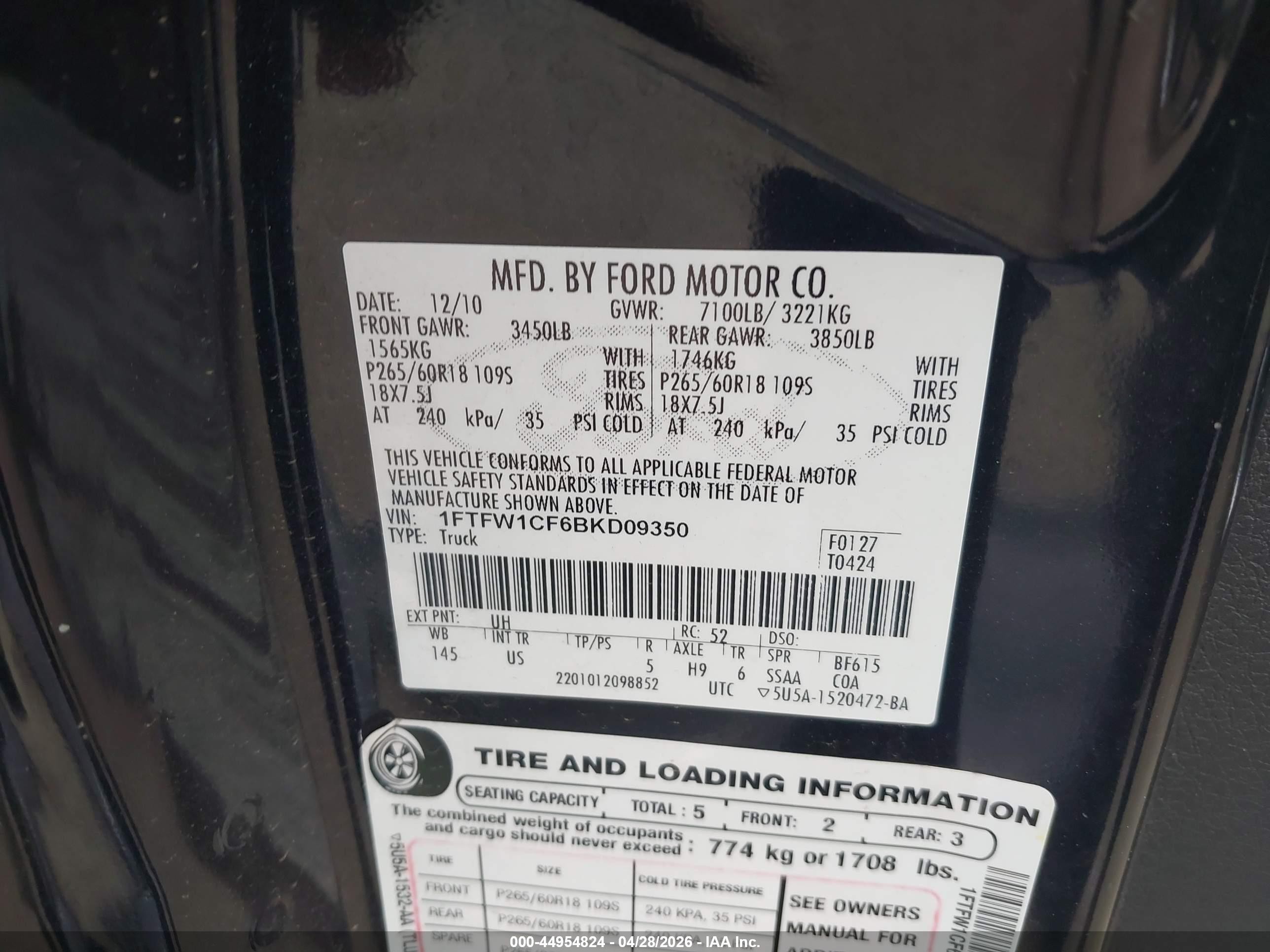2011 Ford F-150 Xlt Black vin: 1FTFW1CF6BKD09350