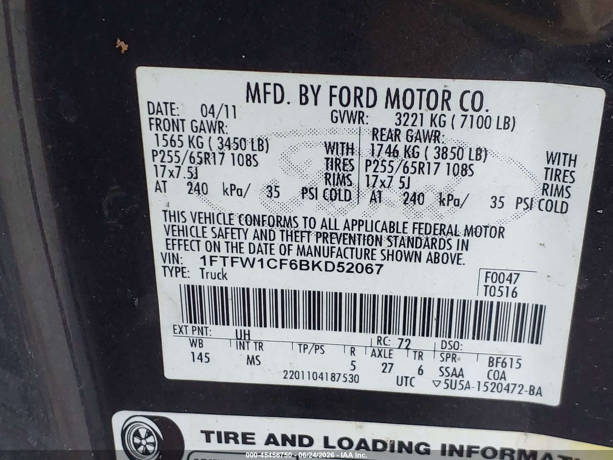 2011 Ford F150 Supercrew Черный vin: 1FTFW1CF6BKD52067