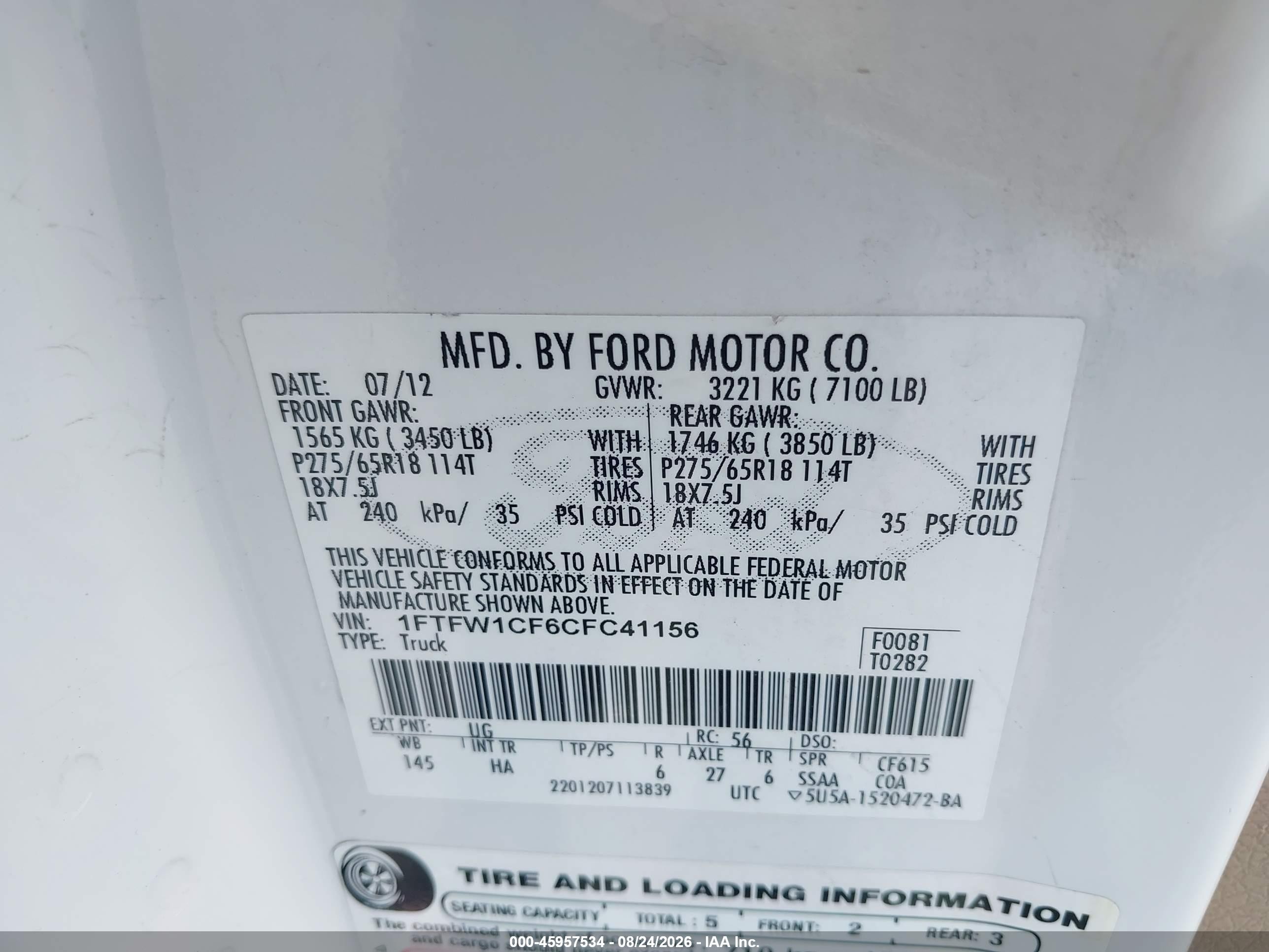 2012 Ford F-150 Lariat White vin: 1FTFW1CF6CFC41156