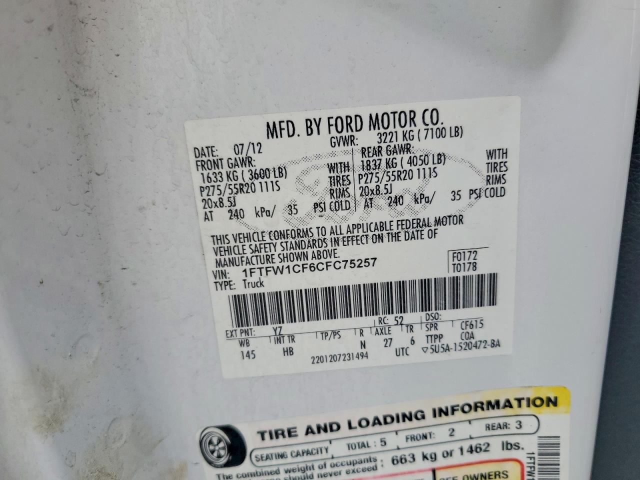 2012 Ford F150 Supercrew White vin: 1FTFW1CF6CFC75257