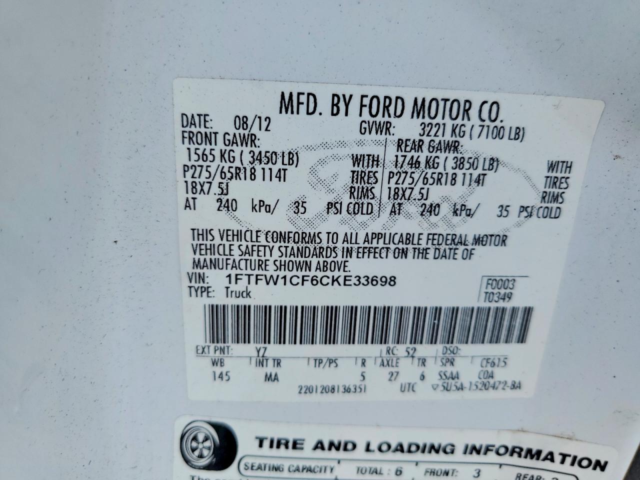 2012 Ford F150 Supercrew White vin: 1FTFW1CF6CKE33698