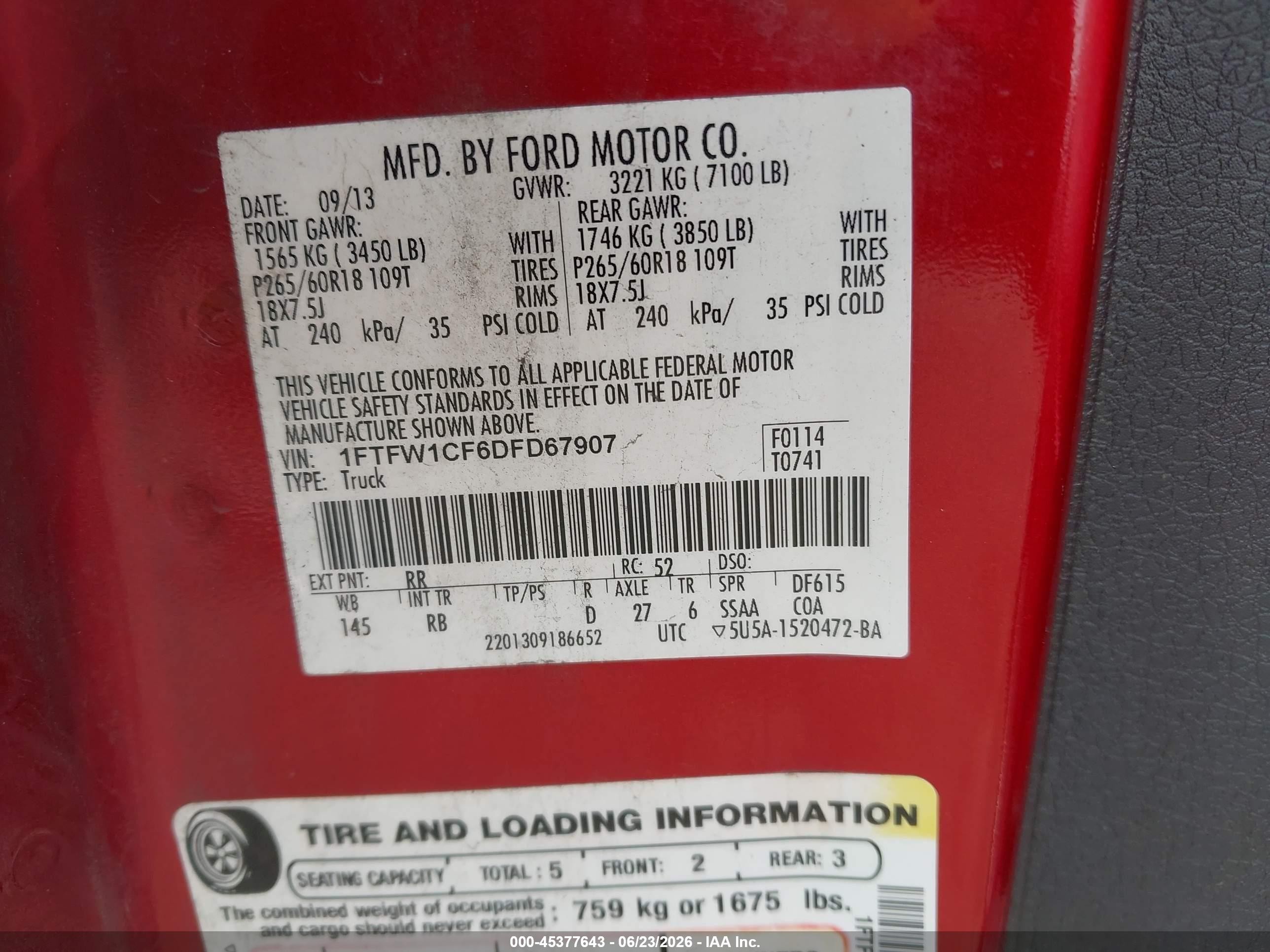2013 Ford F-150 Fx2 Red vin: 1FTFW1CF6DFD67907
