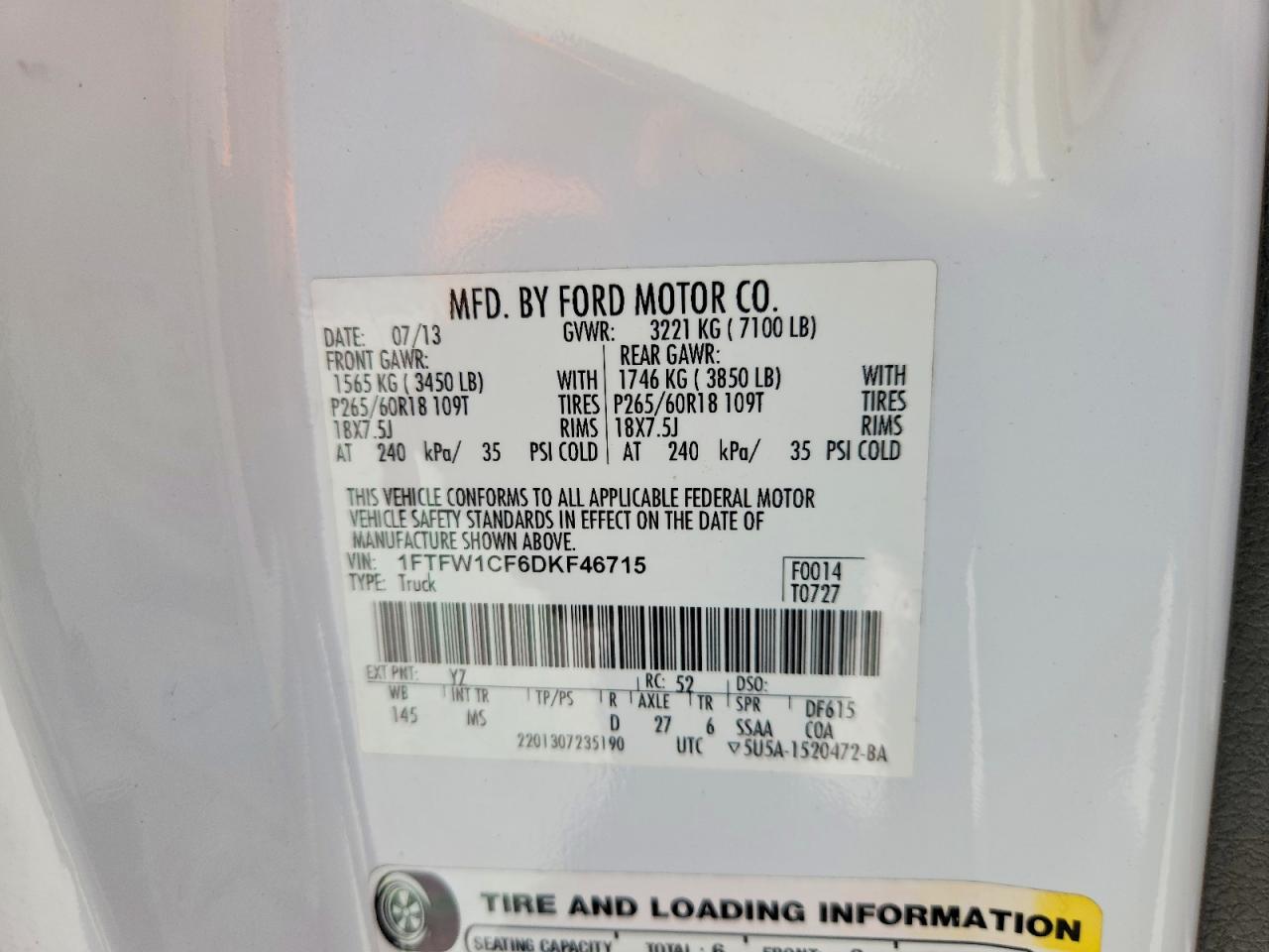 2013 Ford F150 Supercrew White vin: 1FTFW1CF6DKF46715