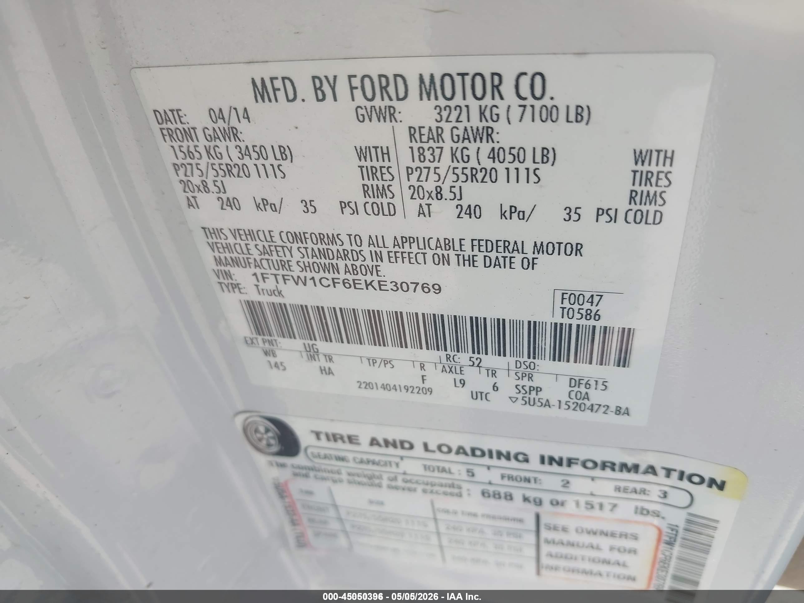 2014 Ford F-150 Lariat White vin: 1FTFW1CF6EKE30769