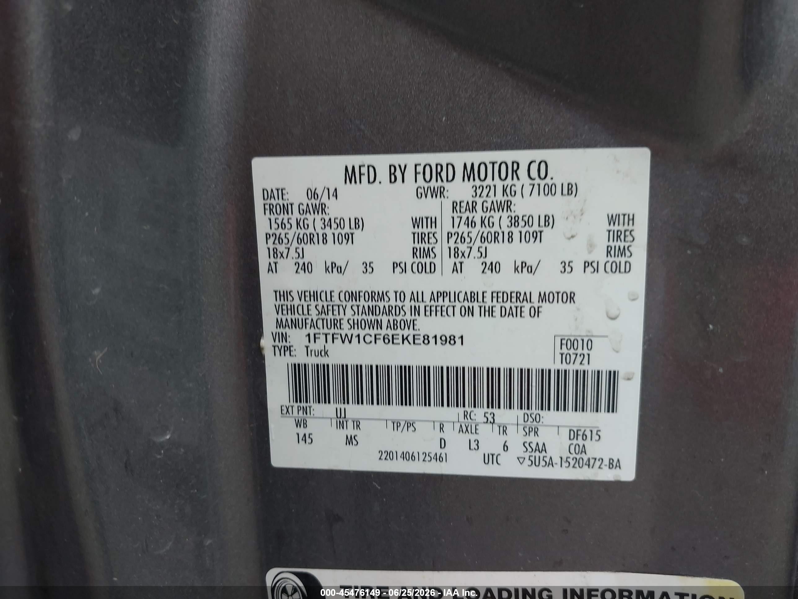 2014 Ford F-150 Fx2/king Ranch/lariat/platinum/stx/xl/xlt Gray vin: 1FTFW1CF6EKE81981