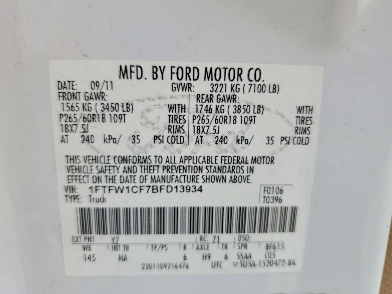 2011 Ford F150 Supercrew White vin: 1FTFW1CF7BFD13934