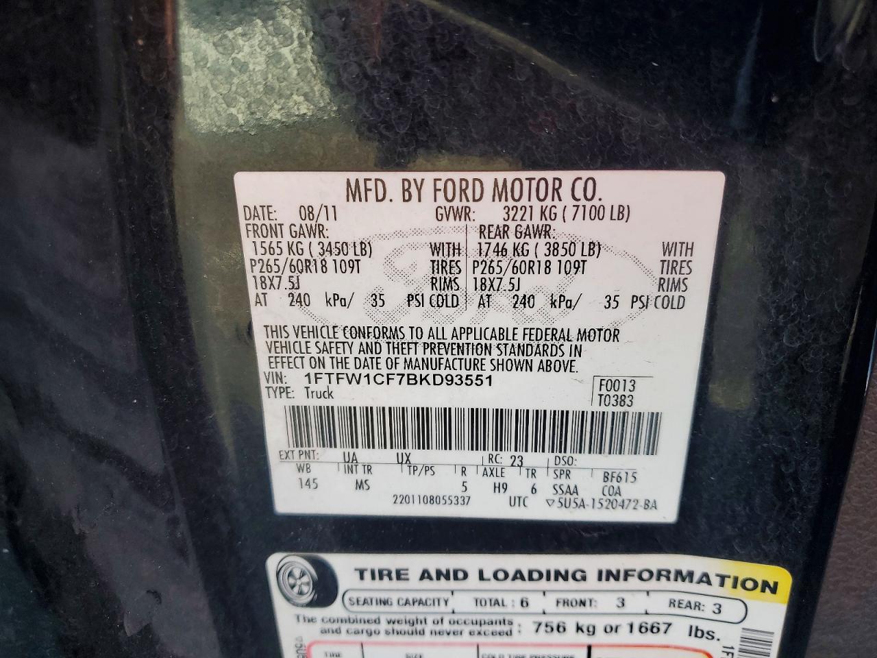2011 Ford F150 Supercrew Black vin: 1FTFW1CF7BKD93551