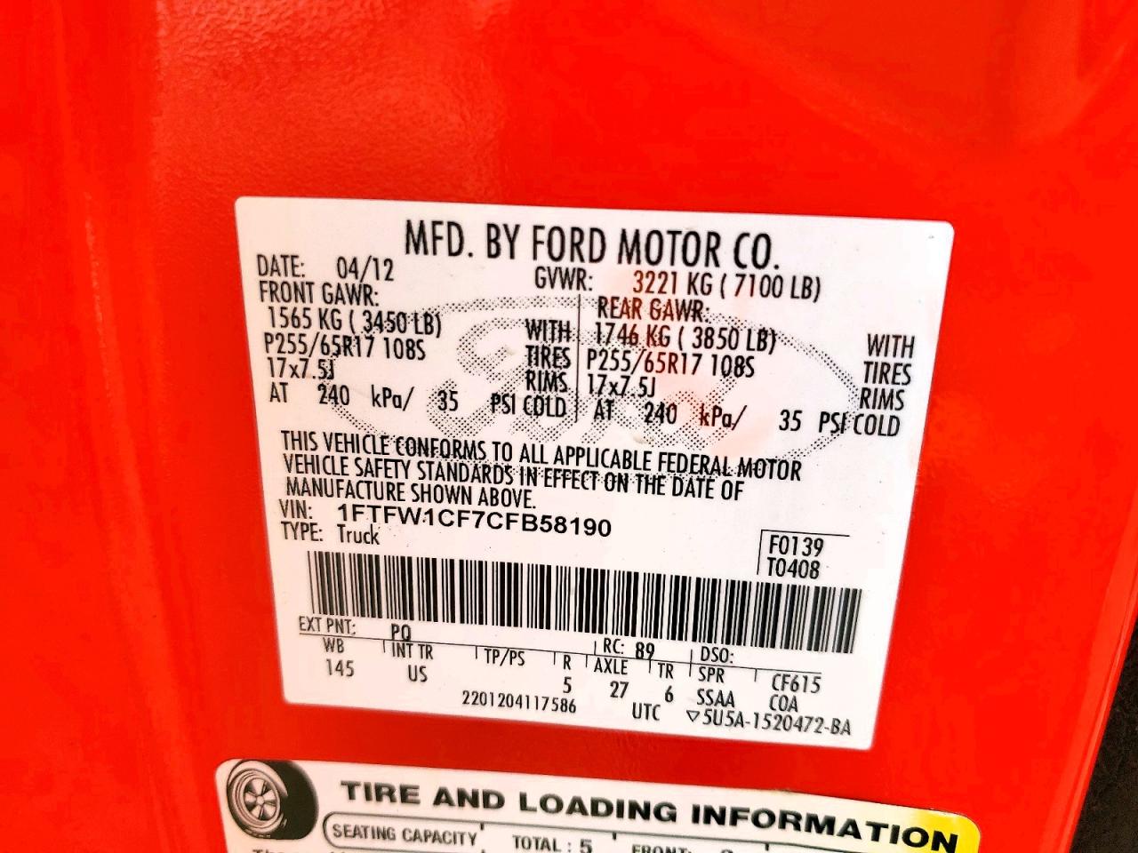 2012 Ford F150 Supercrew Red vin: 1FTFW1CF7CFB58190