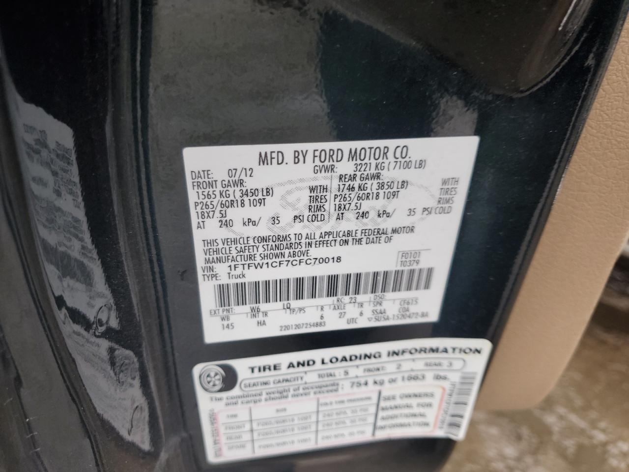 2012 Ford F150 Supercrew Green vin: 1FTFW1CF7CFC70018