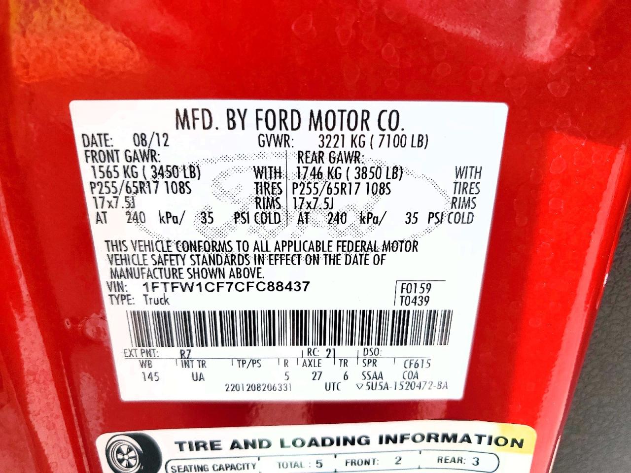 2012 Ford F150 Supercrew Red vin: 1FTFW1CF7CFC88437