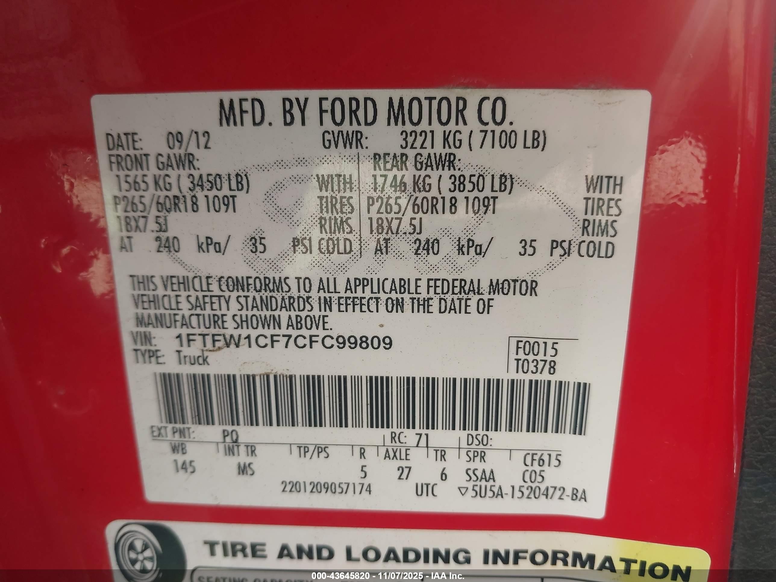 2012 Ford F150 Supercrew Red vin: 1FTFW1CF7CFC99809