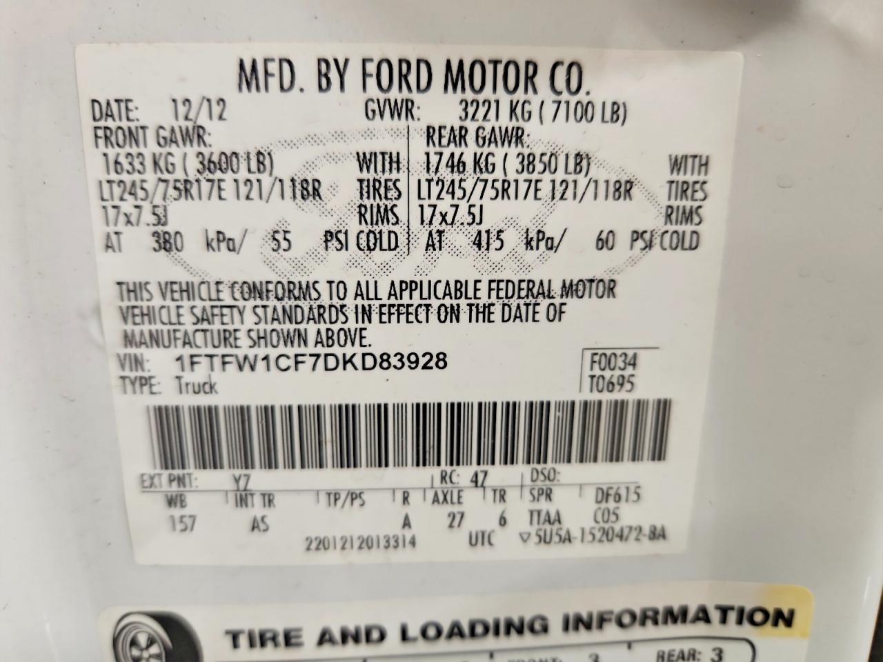 2013 Ford F150 Supercrew White vin: 1FTFW1CF7DKD83928