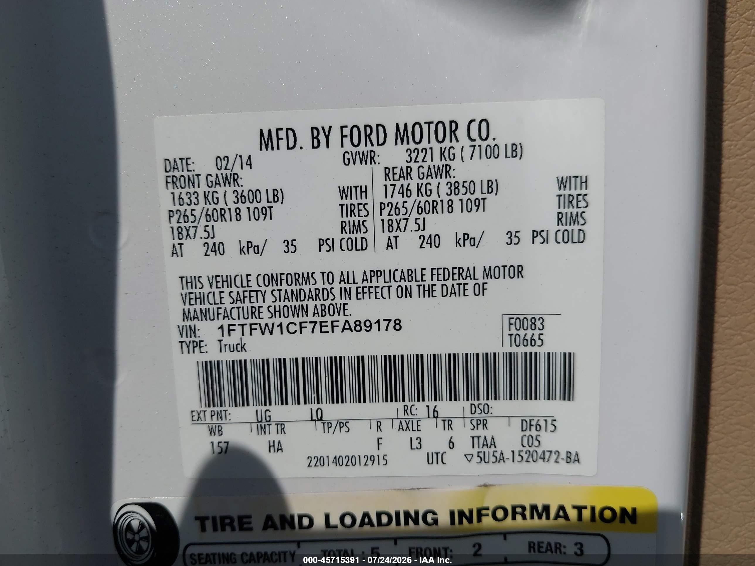 2014 Ford F-150 Lariat White vin: 1FTFW1CF7EFA89178