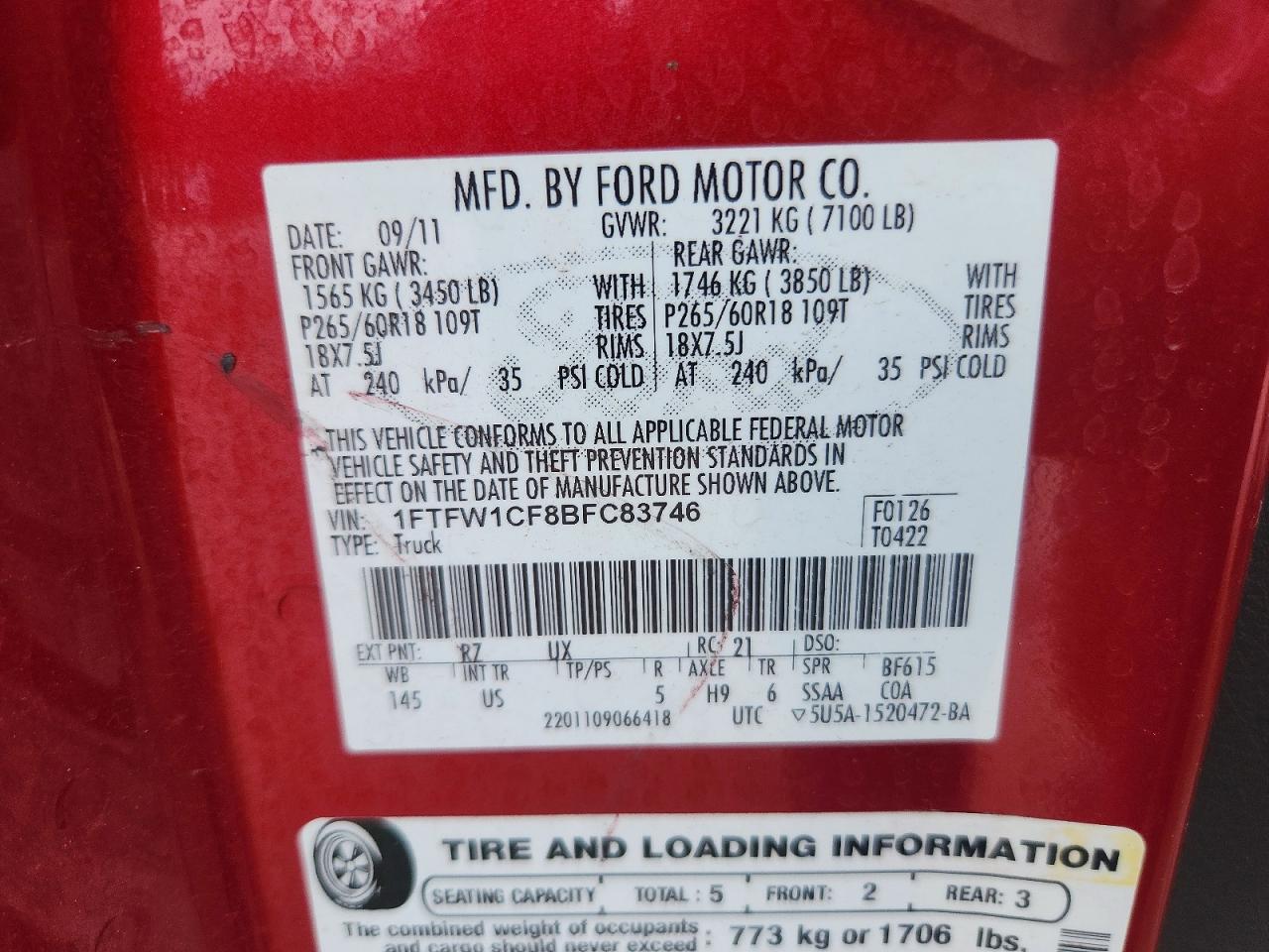 2011 Ford F150 Supercrew Красный vin: 1FTFW1CF8BFC83746