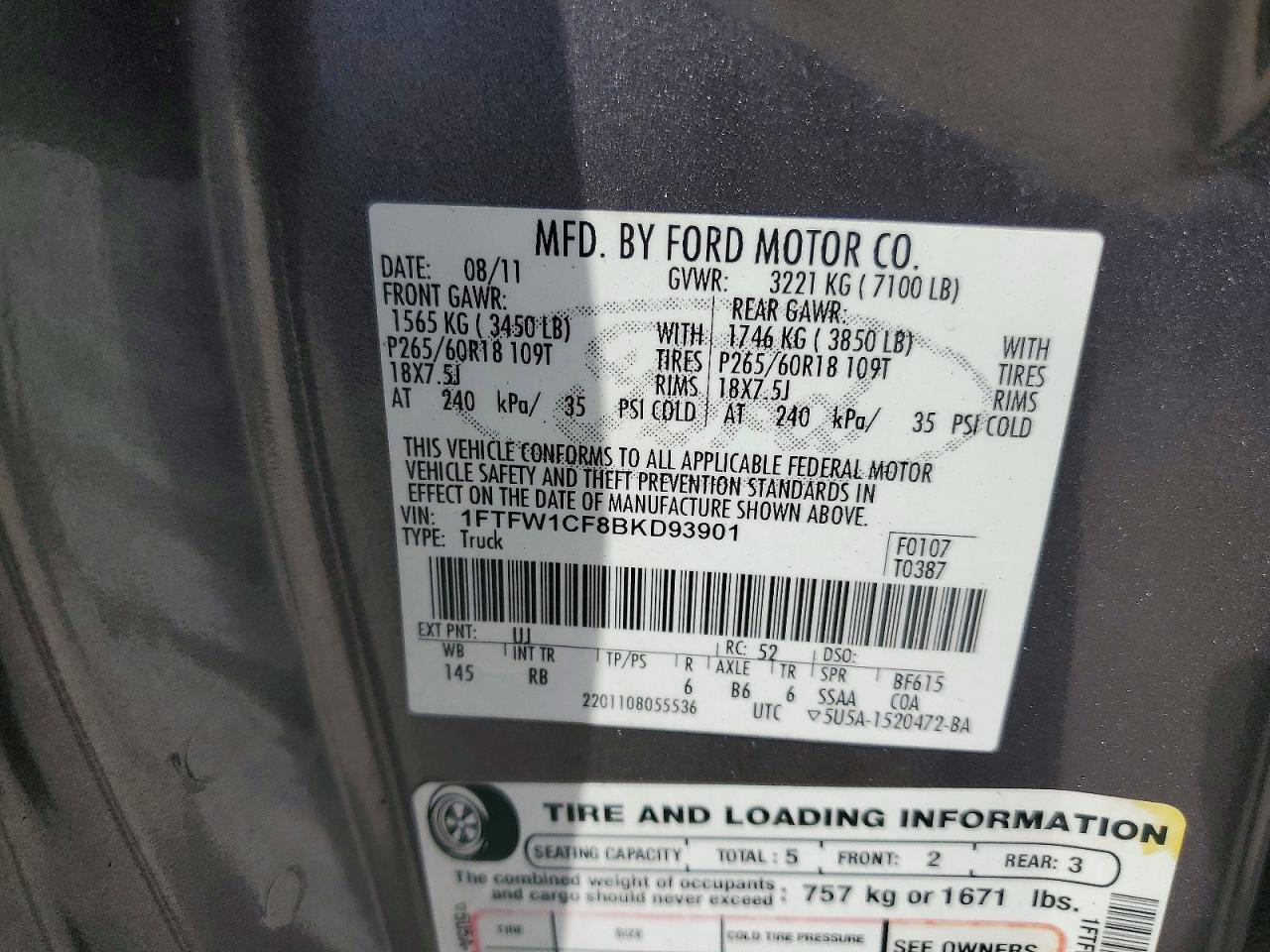 2011 Ford F150 Supercrew Gray vin: 1FTFW1CF8BKD93901