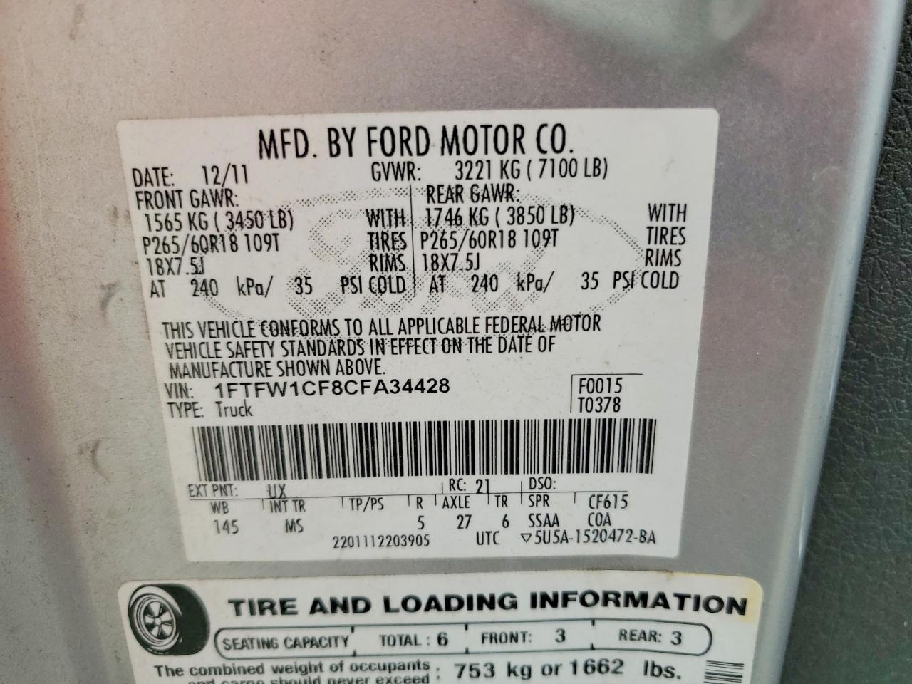 2012 Ford F150 Supercrew Silver vin: 1FTFW1CF8CFA34428