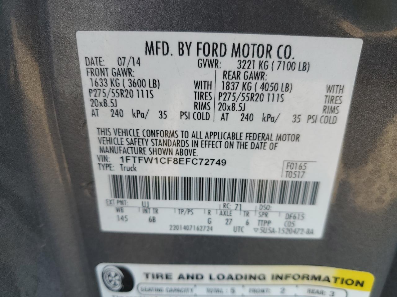 2014 Ford F150 Supercrew Угольный vin: 1FTFW1CF8EFC72749