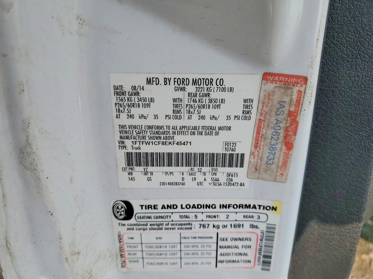 2014 Ford F150 Supercrew White vin: 1FTFW1CF8EKF45471