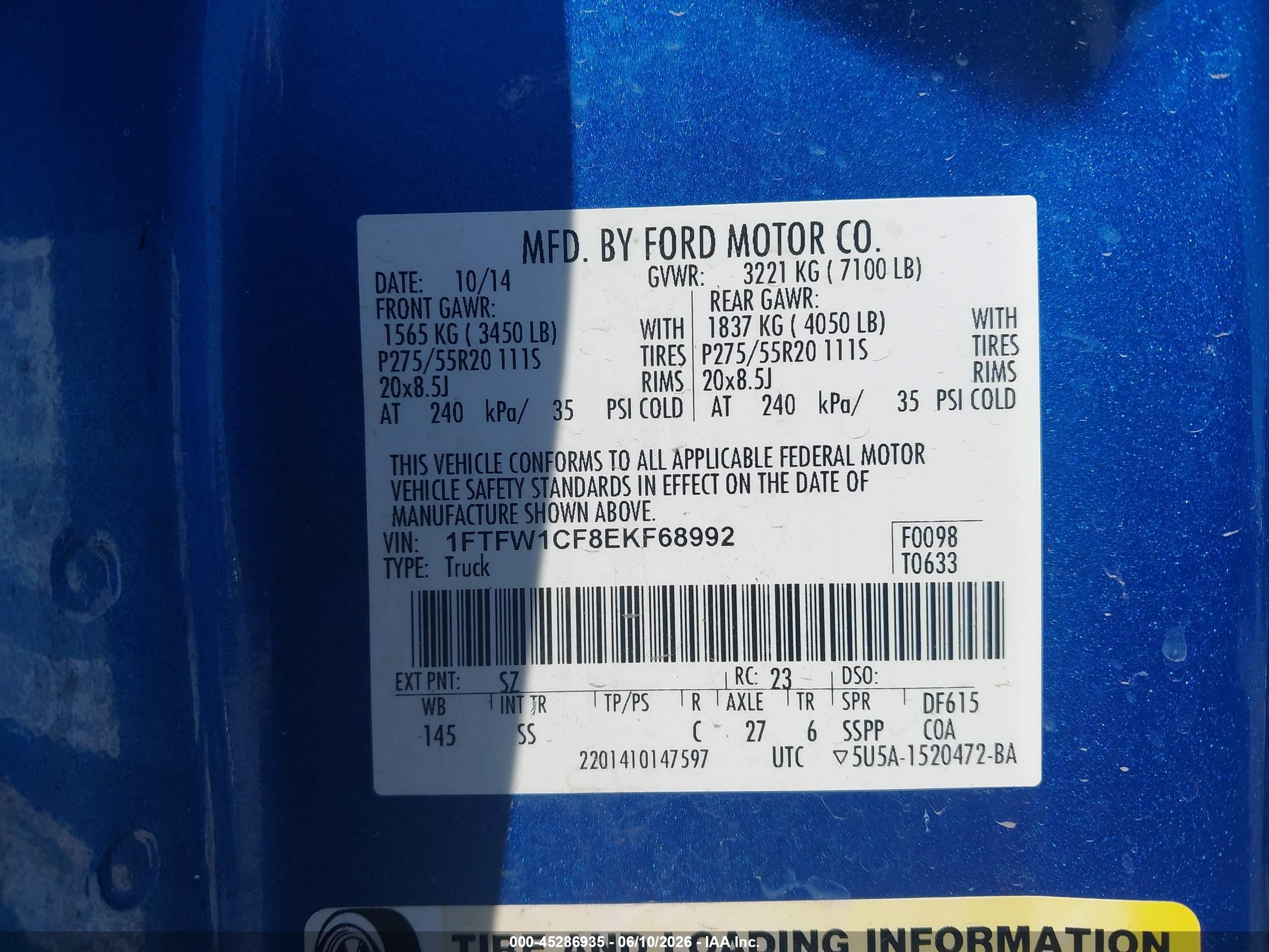2014 Ford F-150 Stx Blue vin: 1FTFW1CF8EKF68992