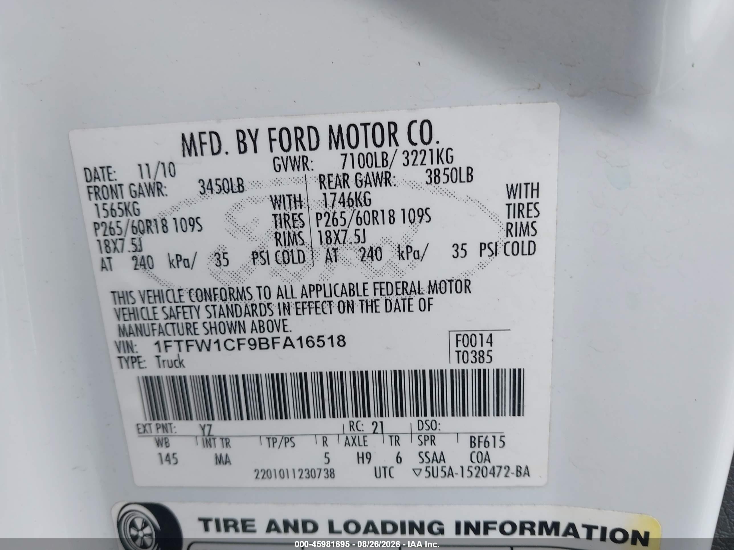 2011 Ford F-150 Xlt White vin: 1FTFW1CF9BFA16518