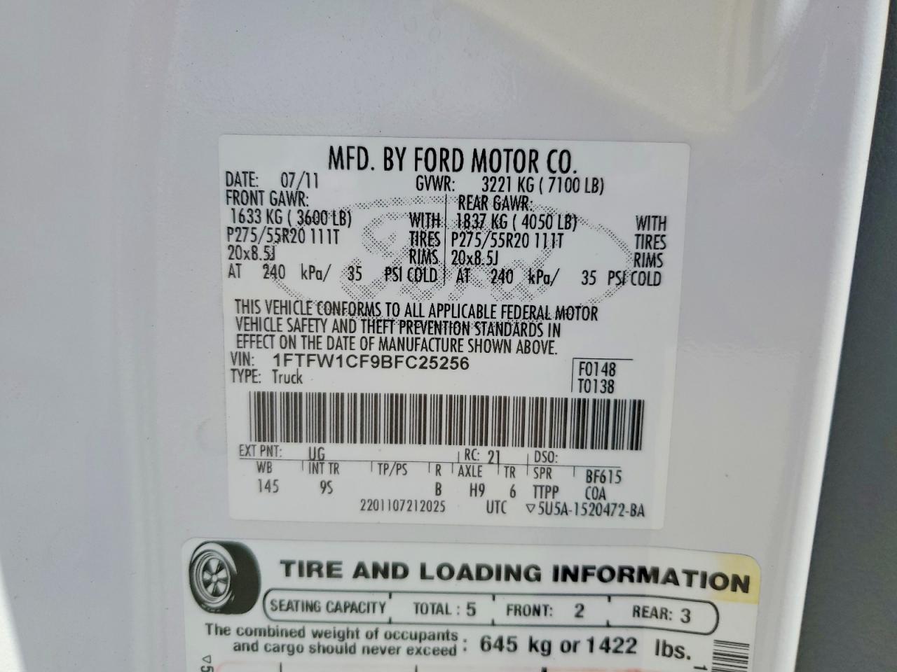 2011 Ford F150 Supercrew White vin: 1FTFW1CF9BFC25256