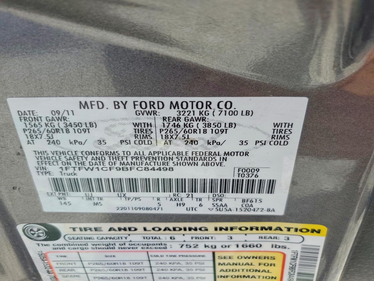 2011 Ford F150 Supercrew Charcoal vin: 1FTFW1CF9BFC84498