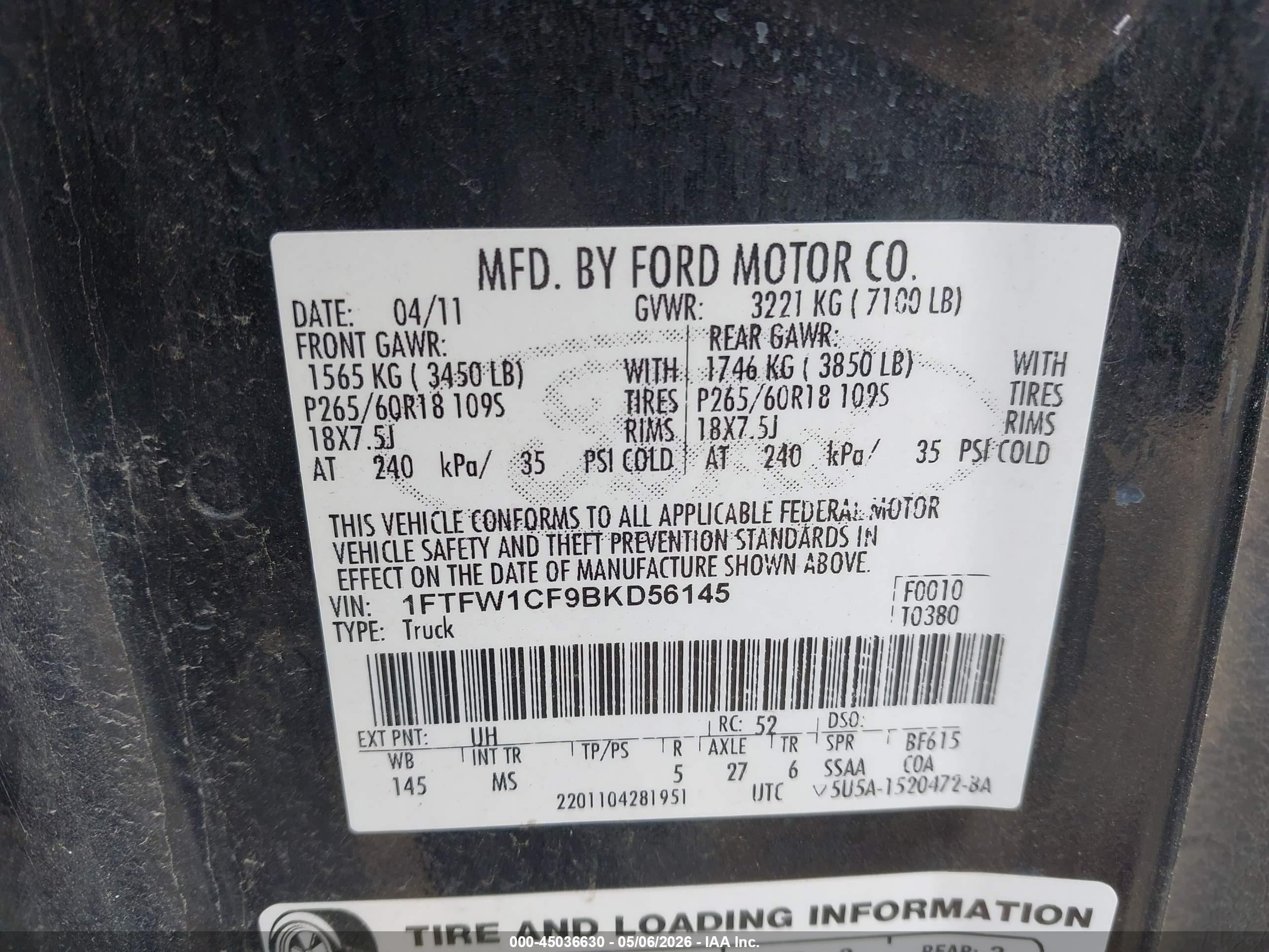 2011 Ford F-150 Xlt Black vin: 1FTFW1CF9BKD56145