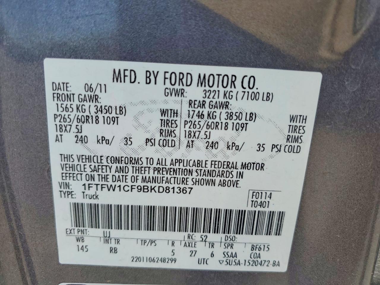 2011 Ford F150 Supercrew Gray vin: 1FTFW1CF9BKD81367