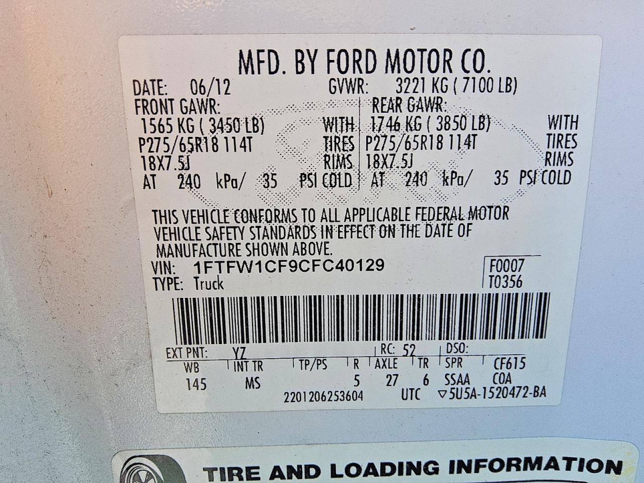 2012 Ford F150 Supercrew White vin: 1FTFW1CF9CFC40129