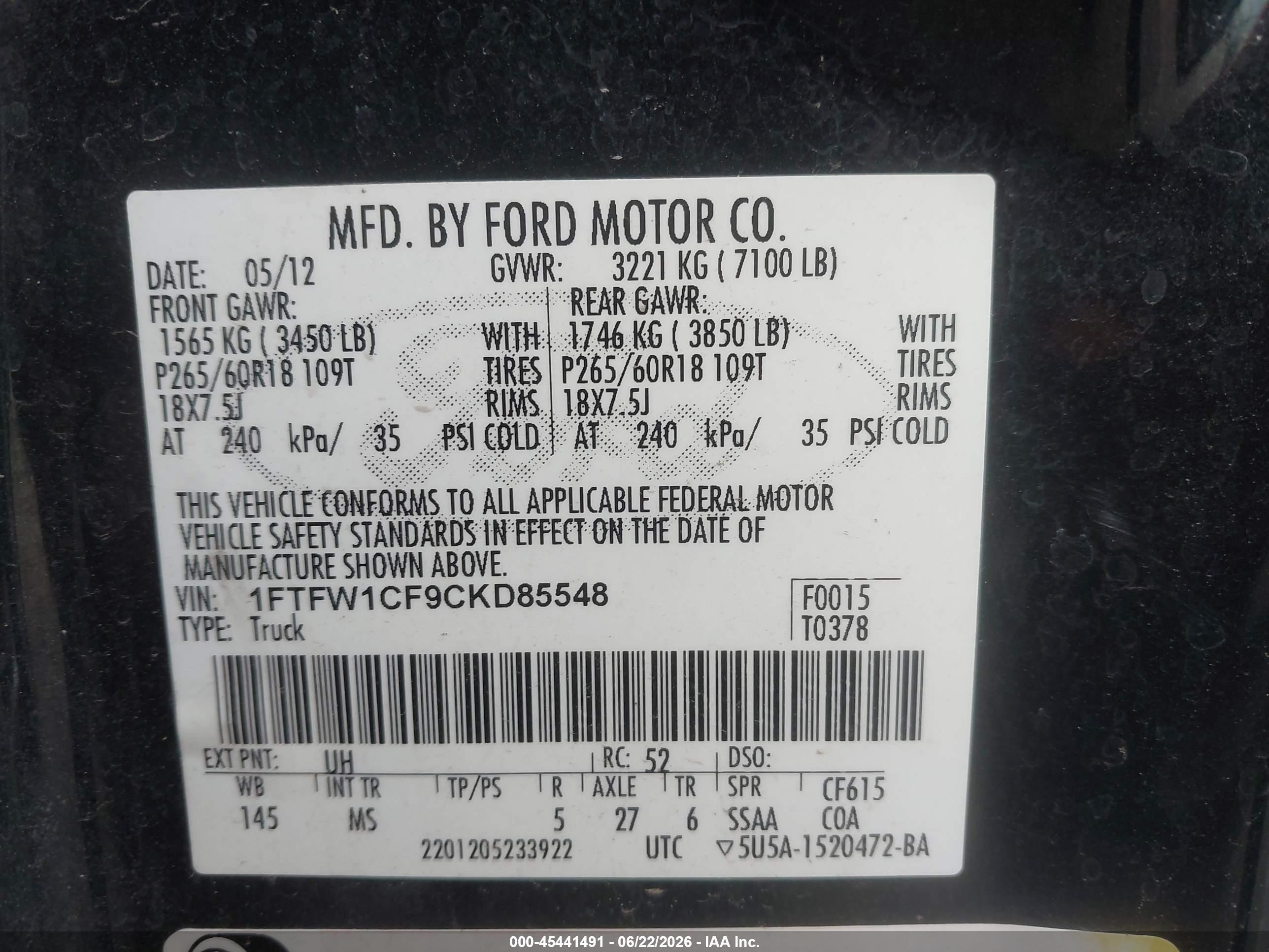 2012 Ford F-150   Black vin: 1FTFW1CF9CKD85548