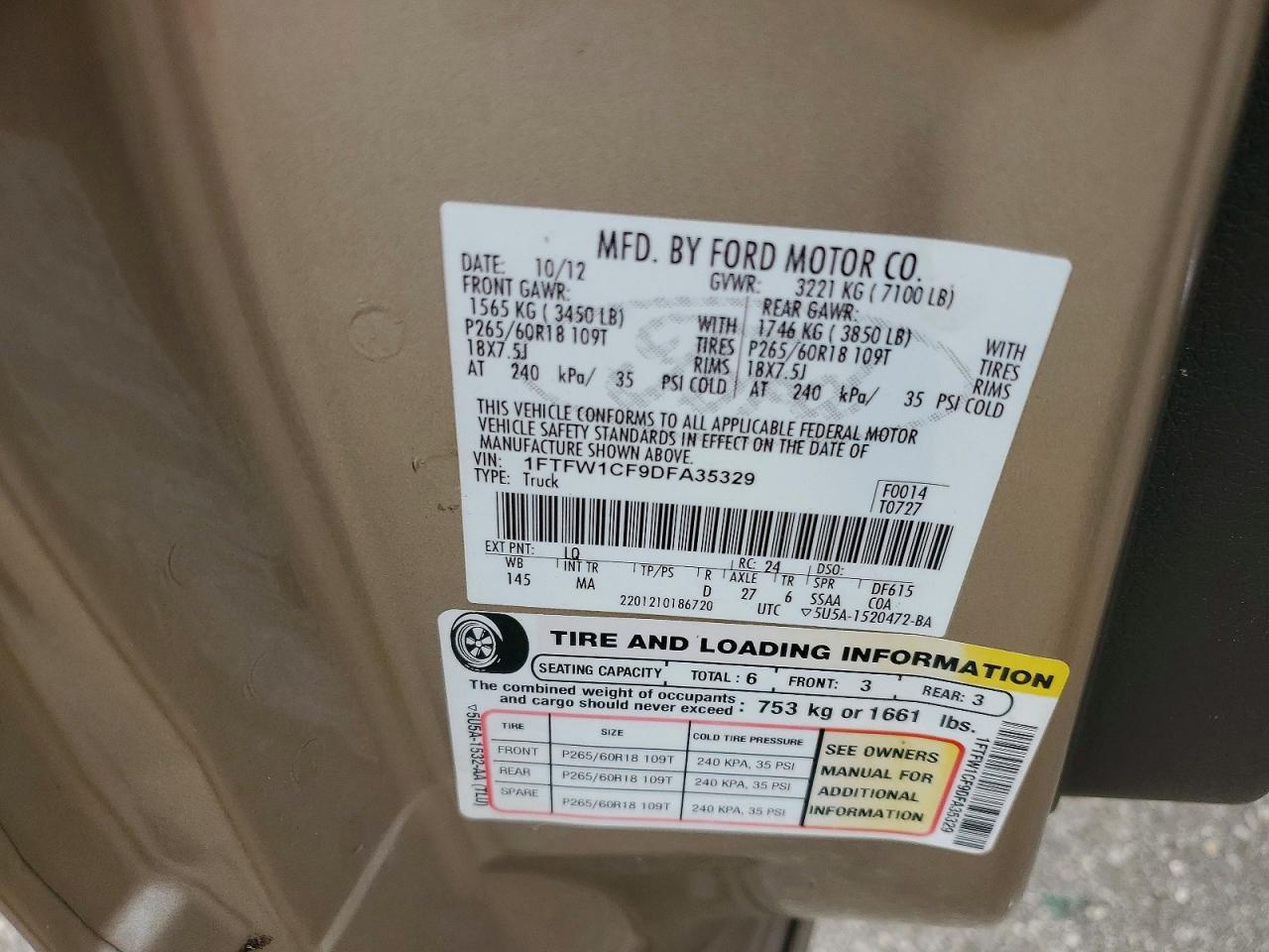 2013 Ford F150 Supercrew Tan vin: 1FTFW1CF9DFA35329
