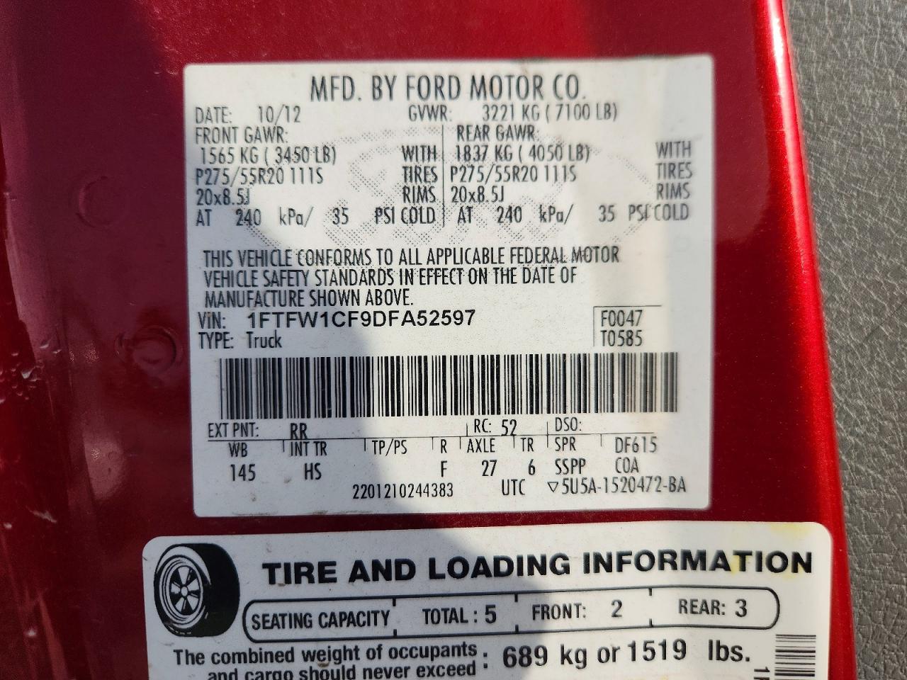 2013 Ford F150 Supercrew Red vin: 1FTFW1CF9DFA52597