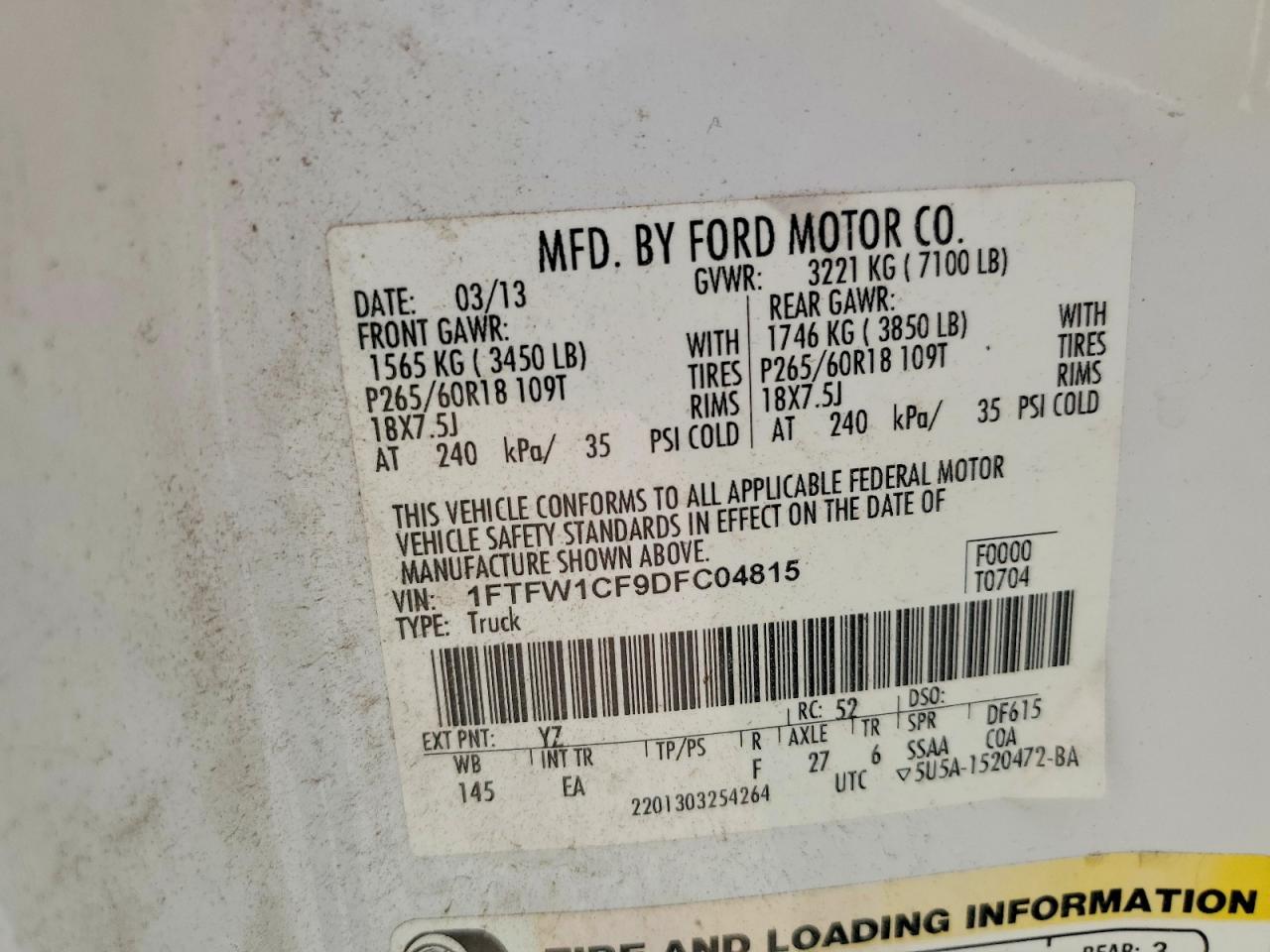 2013 Ford F150 Supercrew White vin: 1FTFW1CF9DFC04815