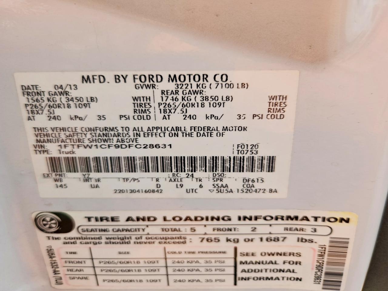 2013 Ford F150 Supercrew White vin: 1FTFW1CF9DFC28631