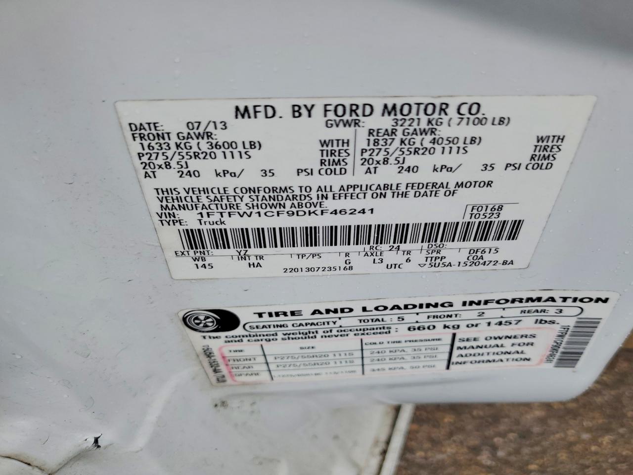 2013 Ford F150 Supercrew White vin: 1FTFW1CF9DKF46241
