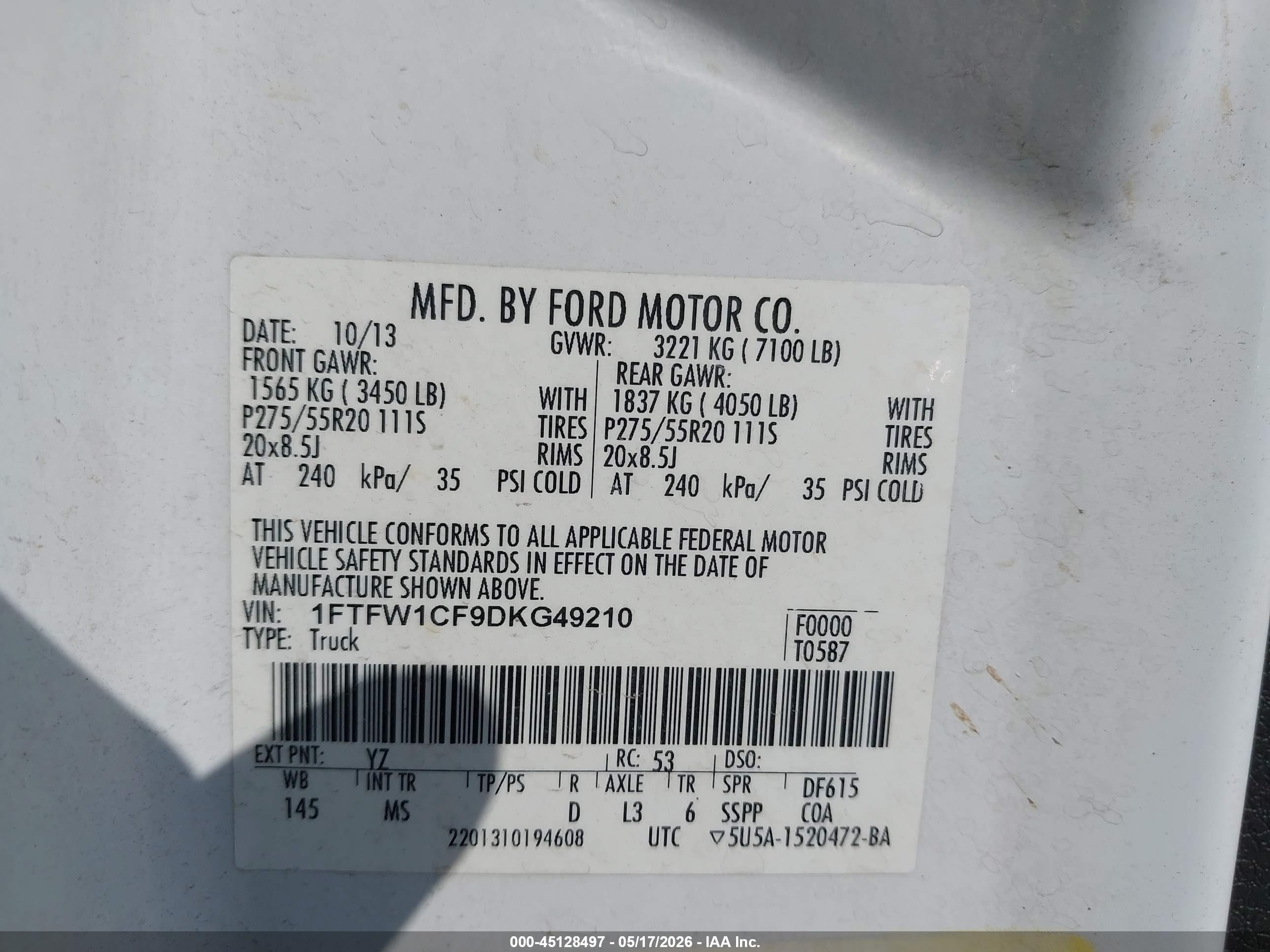 2013 Ford F-150 Xlt White vin: 1FTFW1CF9DKG49210