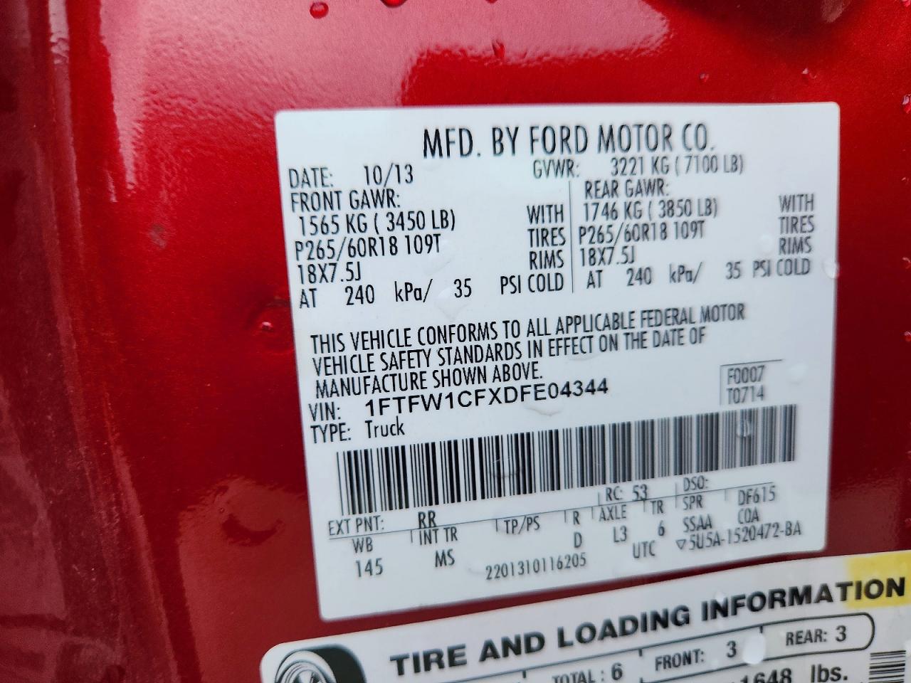 2013 Ford F150 Supercrew Red vin: 1FTFW1CFXDFE04344