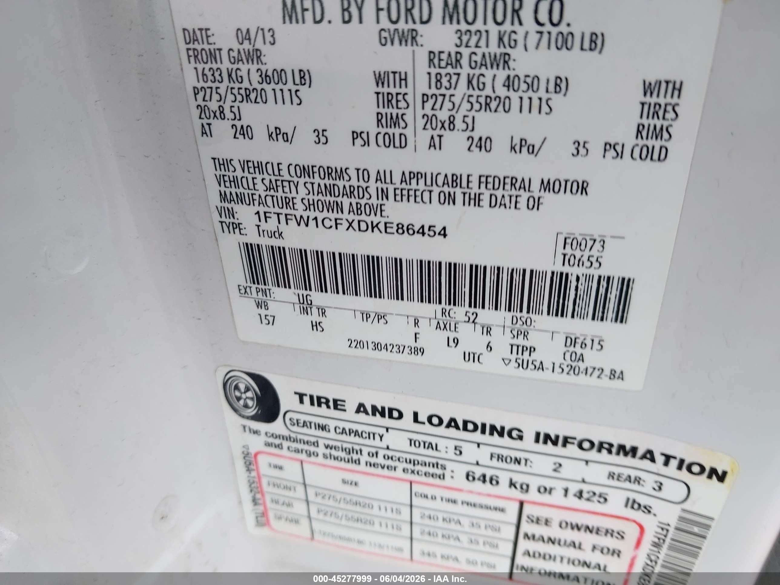 2013 Ford F-150 Lariat White vin: 1FTFW1CFXDKE86454