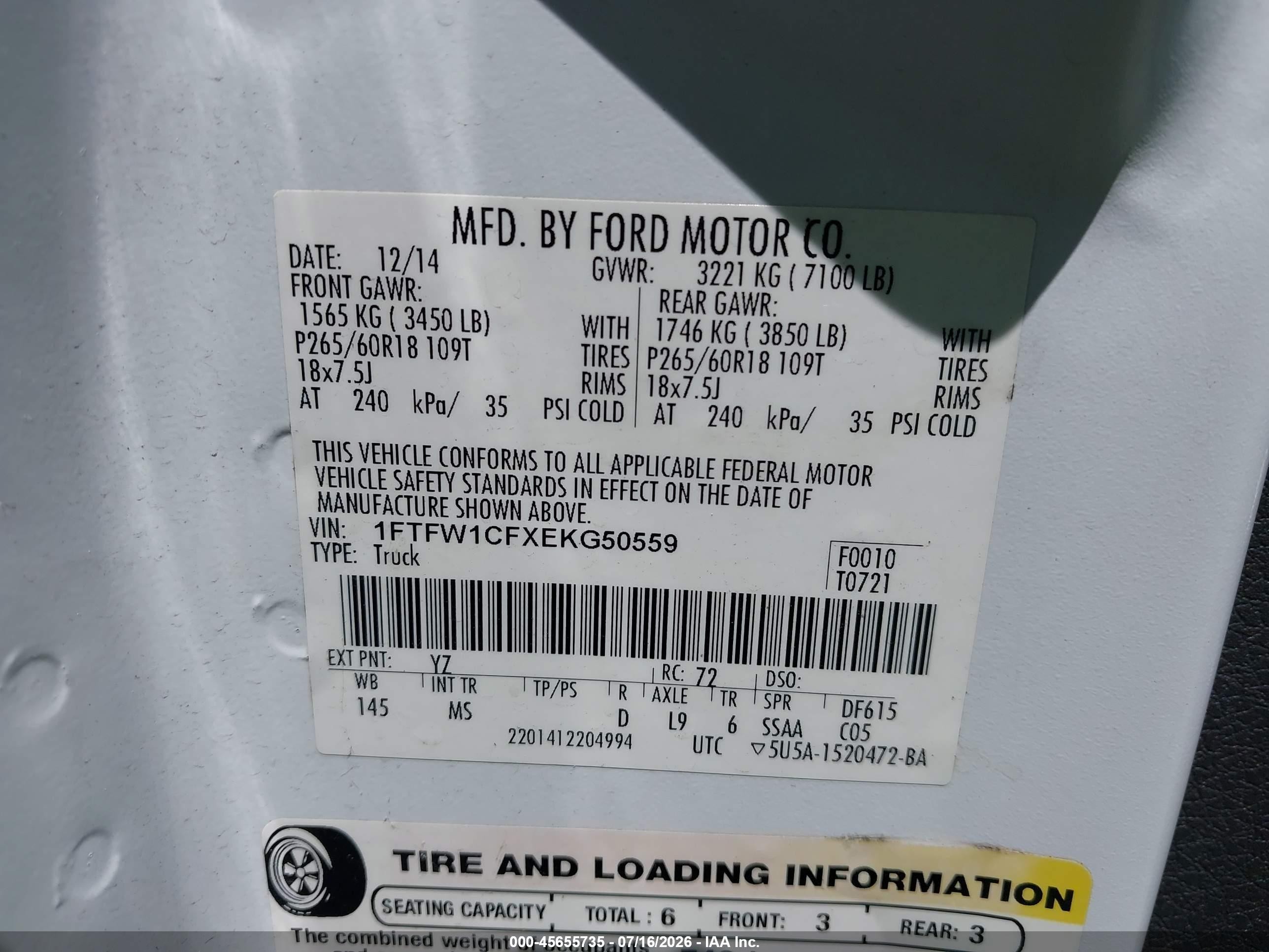 2014 Ford F-150 Xlt White vin: 1FTFW1CFXEKG50559