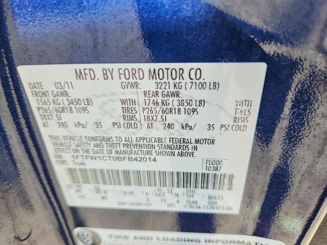 2011 Ford F150 Supercrew Blue vin: 1FTFW1CT0BFB42014