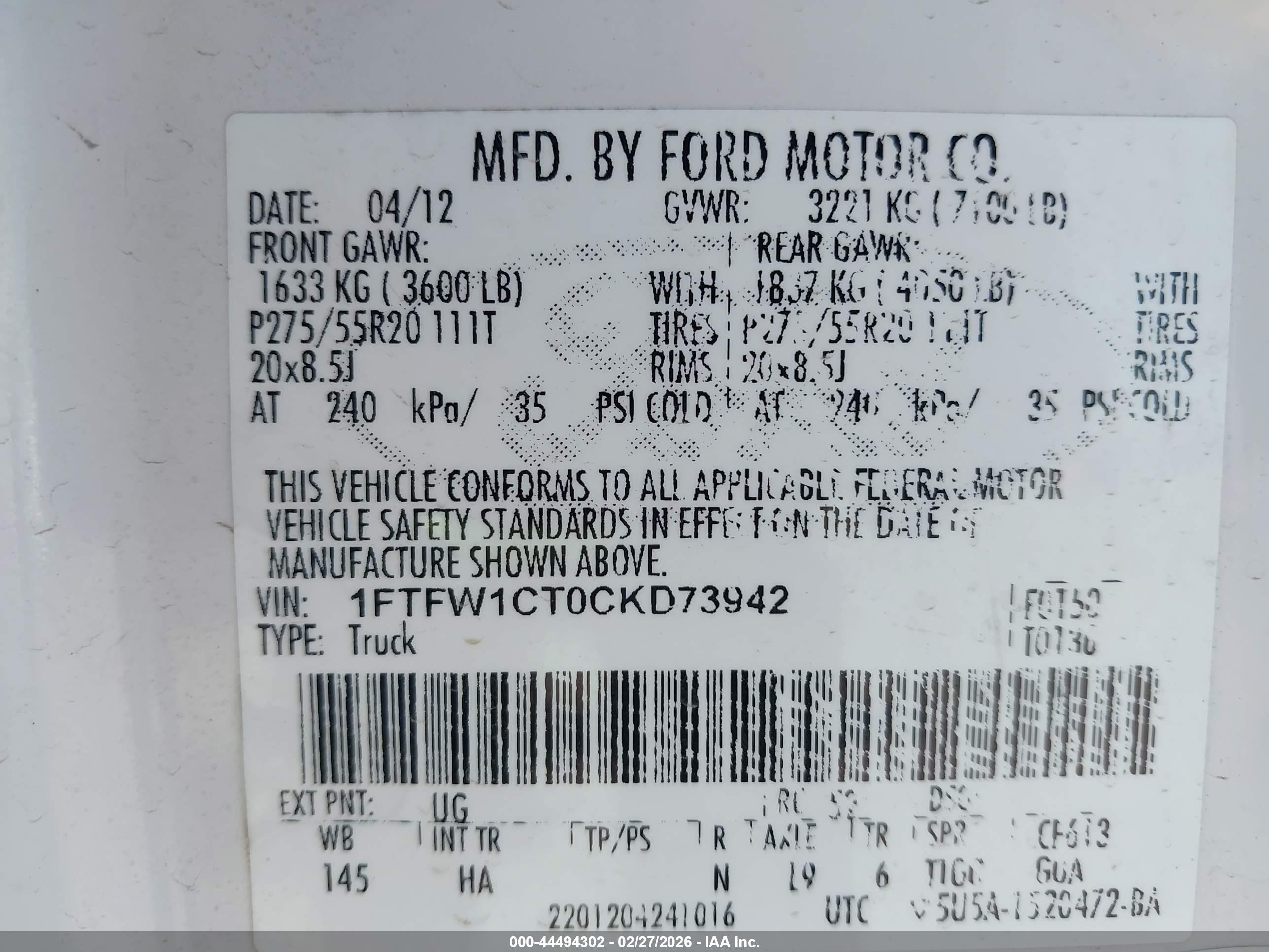 2012 Ford F-150 Lariat White vin: 1FTFW1CT0CKD73942