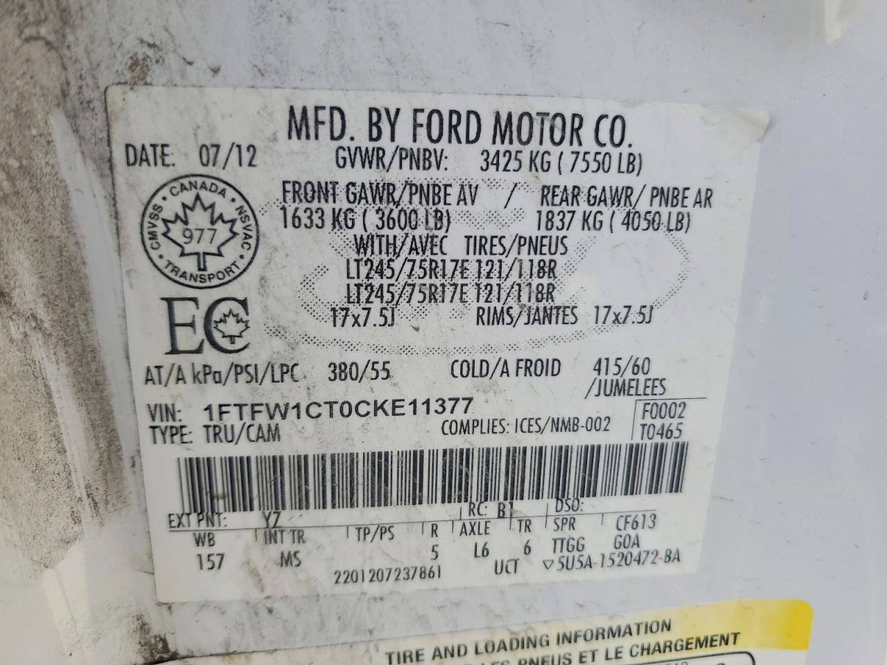 2012 Ford F150 Supercrew White vin: 1FTFW1CT0CKE11377