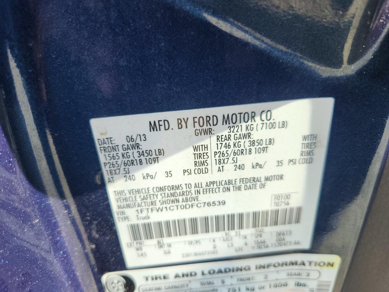 2013 Ford F150 Supercrew Blue vin: 1FTFW1CT0DFC76539