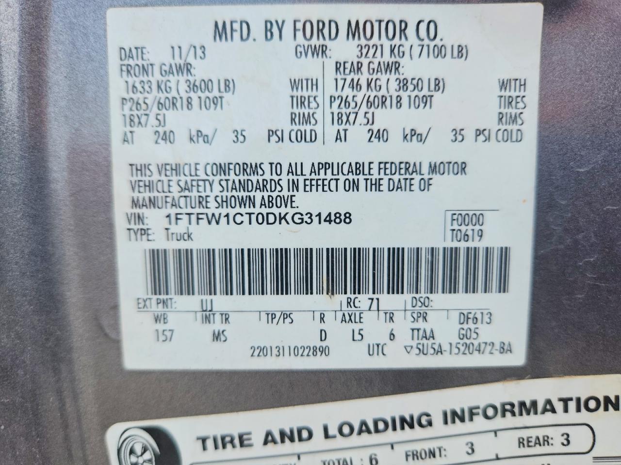 2013 Ford F150 Supercrew Серый vin: 1FTFW1CT0DKG31488