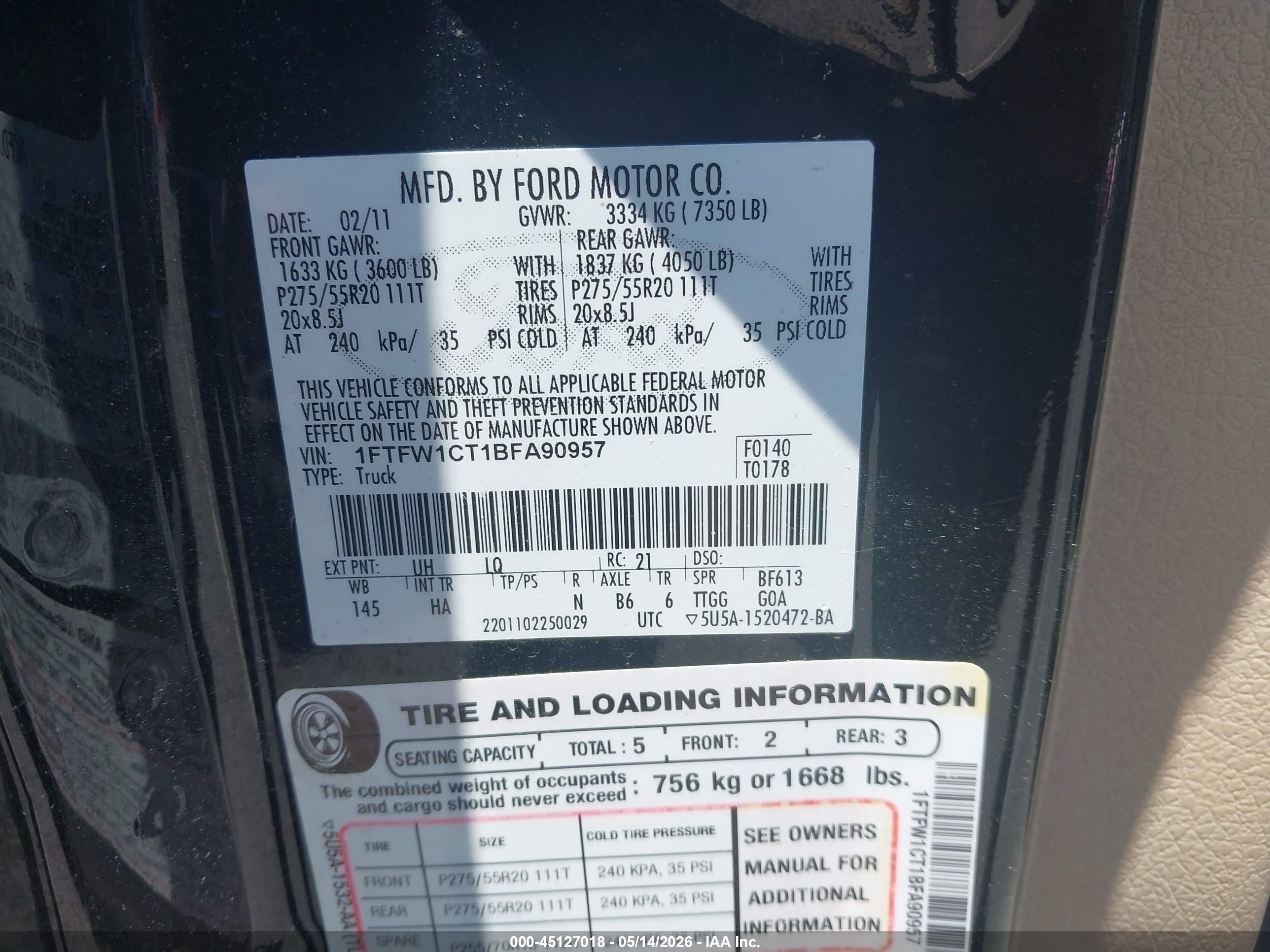 2011 Ford F-150 Lariat Черный vin: 1FTFW1CT1BFA90957